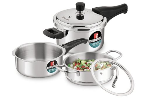 Bergner Tri-Max TriPly Multi Combo of 3L TriPly Pressure Cooker + 2L Pressuer Pan with Common Lid and 18cm Steamer with Flat Glass Lid, Durable, Ergonomic Handle, Induction Bottom and Gas Stove Ready
